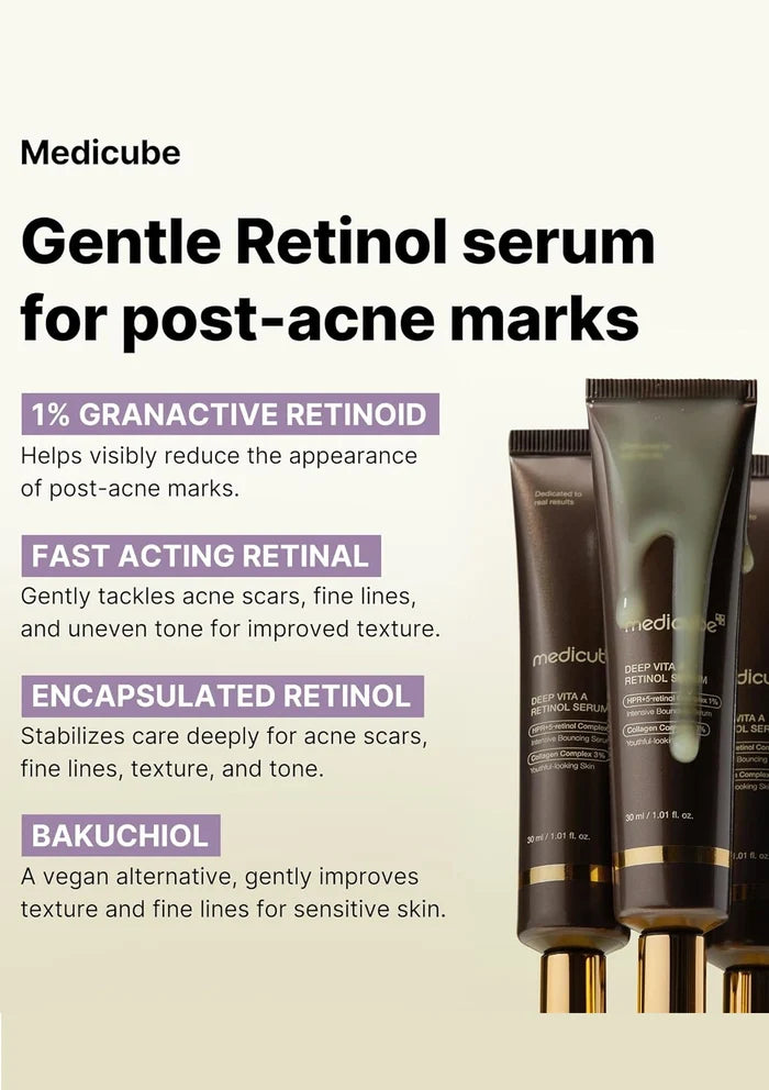 Medicube Gentle Retinol serum for post-acne marks with product packaging on a white background.