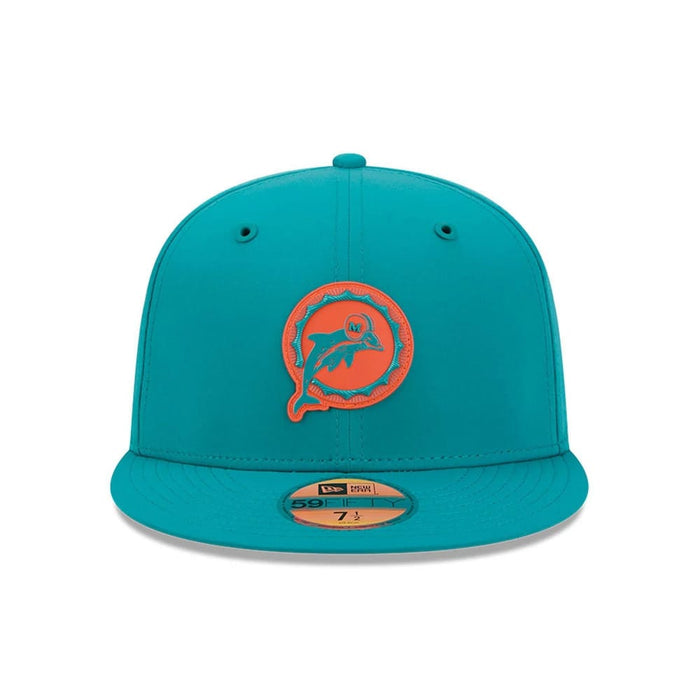 Pictured is this NFL Sideline 2026 Miami Dolphins 59FIFTY Fitted cap in turquoise. 3