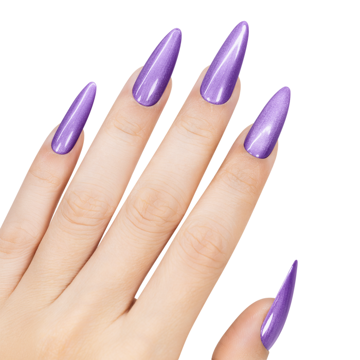 Hand with purple stiletto nails on a white background