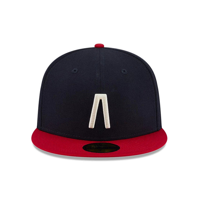 Pictured is this Fear Of God X MLB Logo 59FIFTY Fitted cap in navy & red. 3
