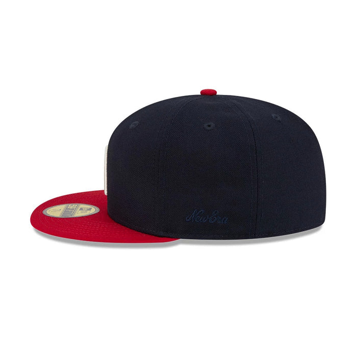 Pictured is this Fear Of God X MLB Logo 59FIFTY Fitted cap in navy & red. 5