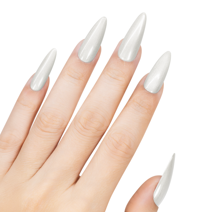 Hand with long, pointed, white nails on a white background