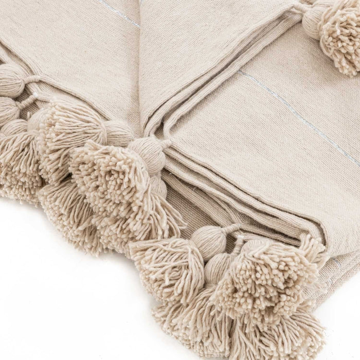 Moroccan Pom Pom Blanket - Beige & Silver - Benisouk