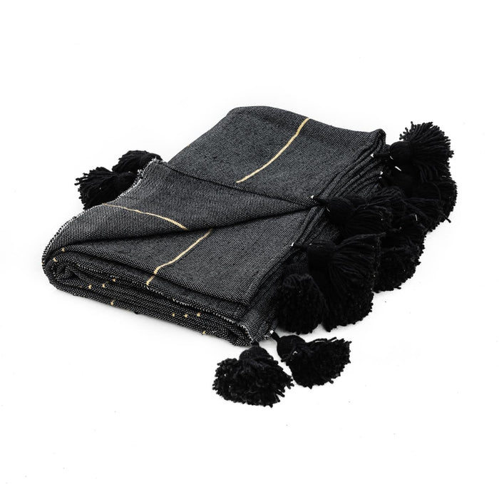 Moroccan Pom Pom Blanket - Black & Gold - Benisouk