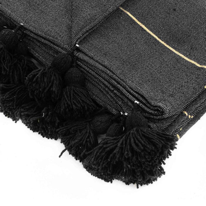 Moroccan Pom Pom Blanket - Black & Gold - Benisouk