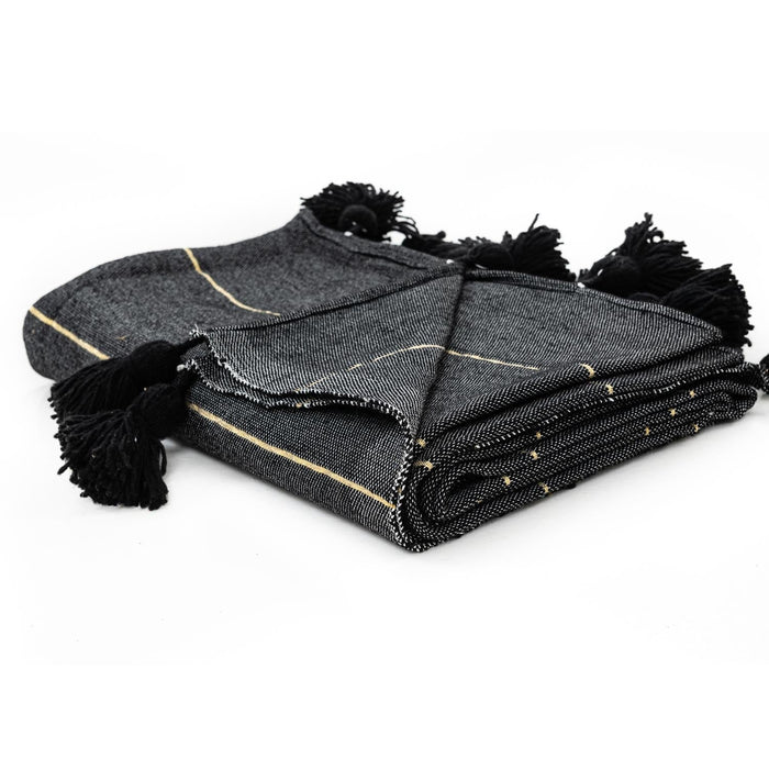 Moroccan Pom Pom Blanket - Black & Gold - Benisouk