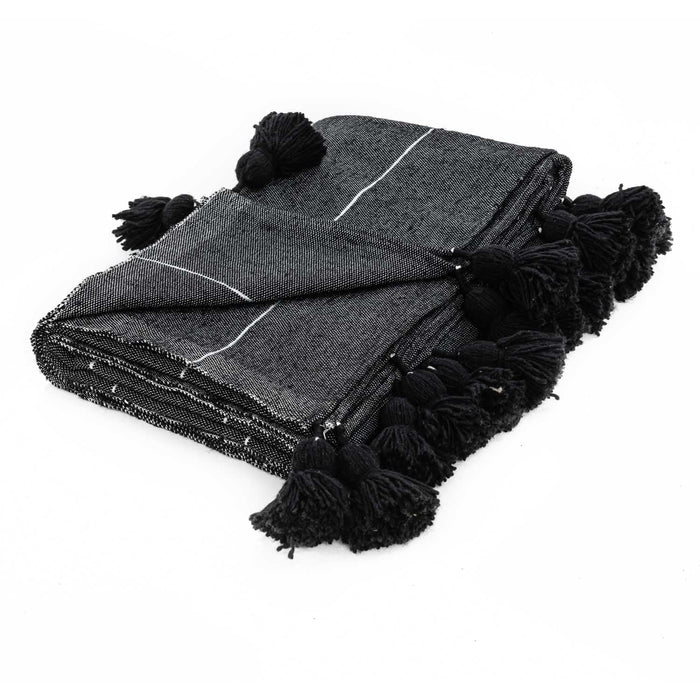 Moroccan Pom Pom Blanket - Black & Silver - Benisouk
