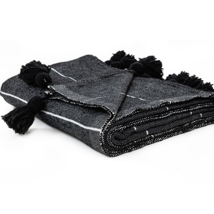 Moroccan Pom Pom Blanket - Black & Silver - Benisouk