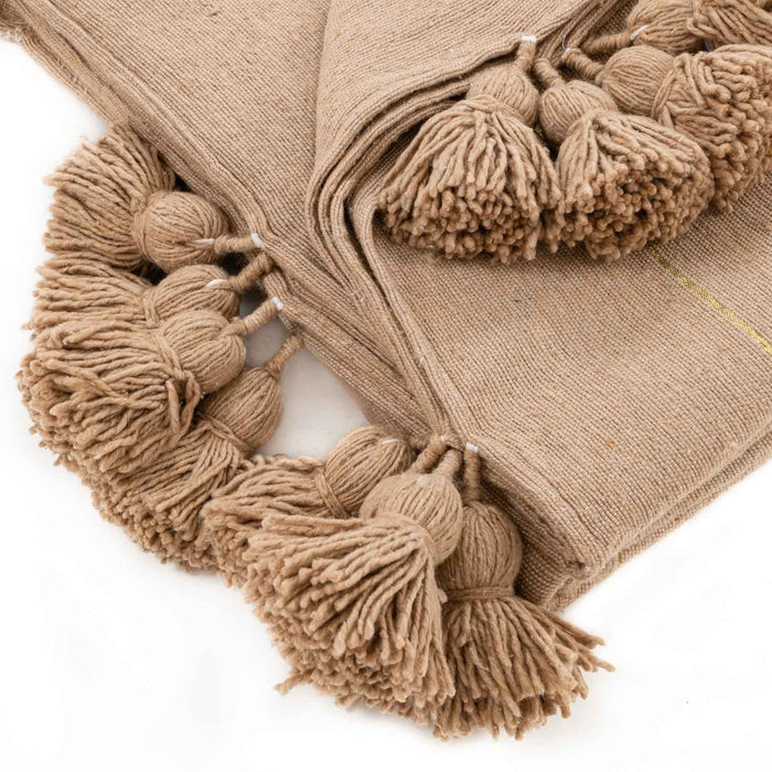 Moroccan Pom Pom Blanket - Brown & Gold - Benisouk