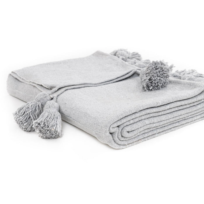 Moroccan Pom Pom Blanket - Grey & Silver - Benisouk