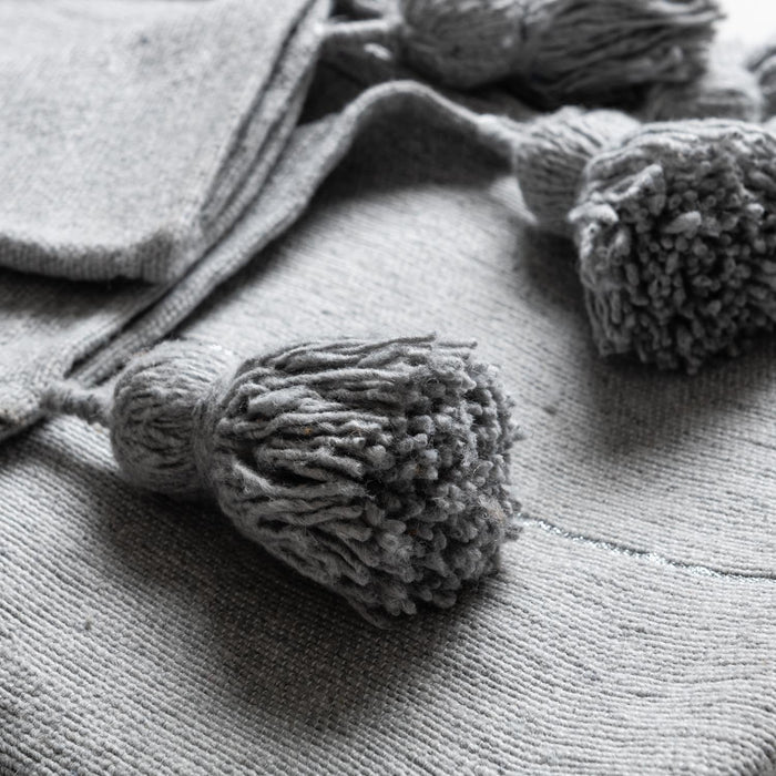 Moroccan Pom Pom Blanket - Grey & Silver - Benisouk