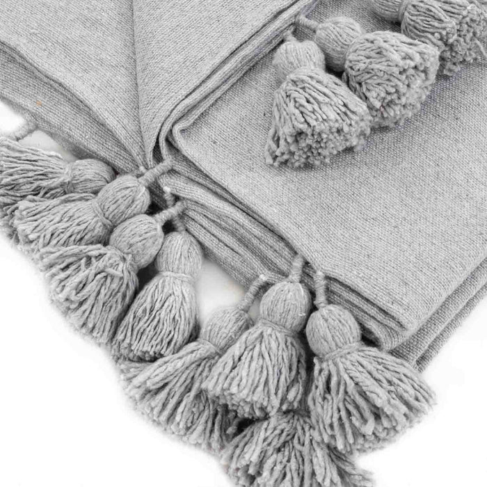 Moroccan Pom Pom Blanket - Light Grey - Benisouk
