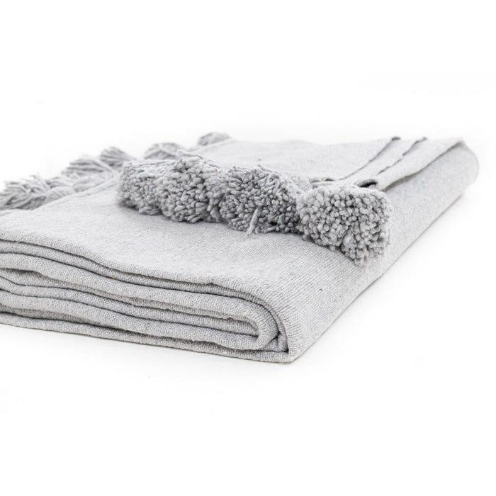 Moroccan Pom Pom Blanket - Light Grey - Benisouk