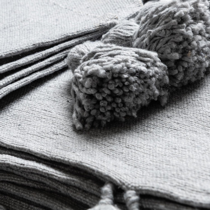 Moroccan Pom Pom Blanket - Light Grey - Benisouk