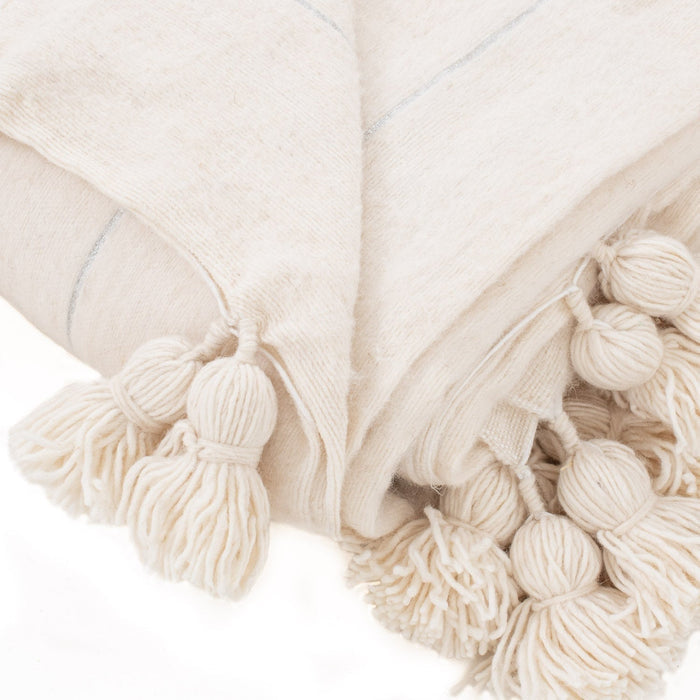 Moroccan Pom Pom Blanket - Natural & Silver - Benisouk