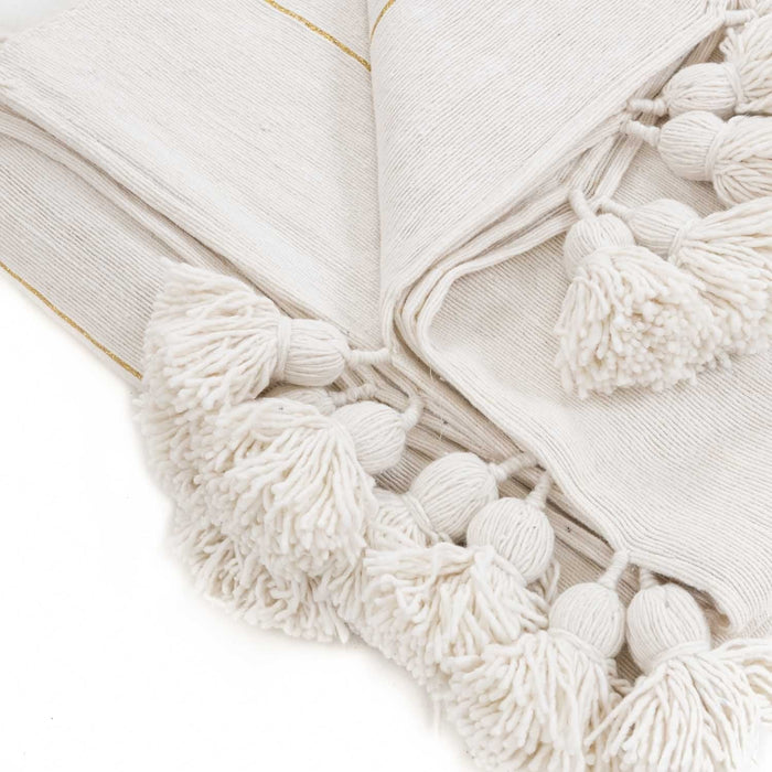 Moroccan Pom Pom Blanket - White & Gold - Benisouk