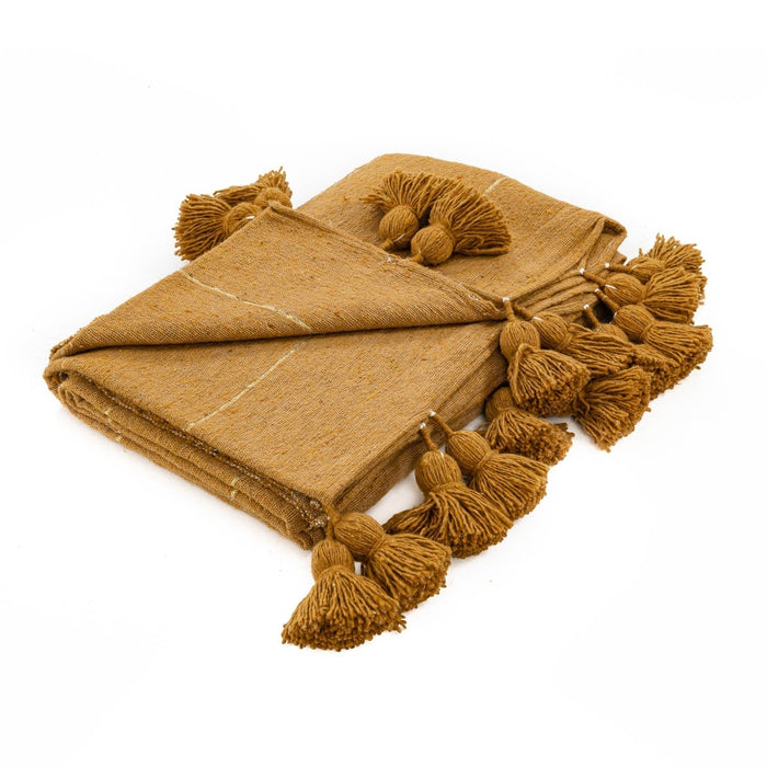 Moroccan Pom Pom Blanket - Yellow & Gold - Benisouk