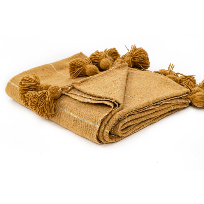 Moroccan Pom Pom Blanket - Yellow & Gold - Benisouk
