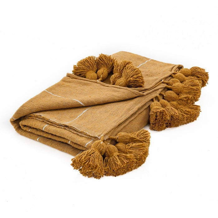 Moroccan Pom Pom Blanket - Yellow & Silver - Benisouk