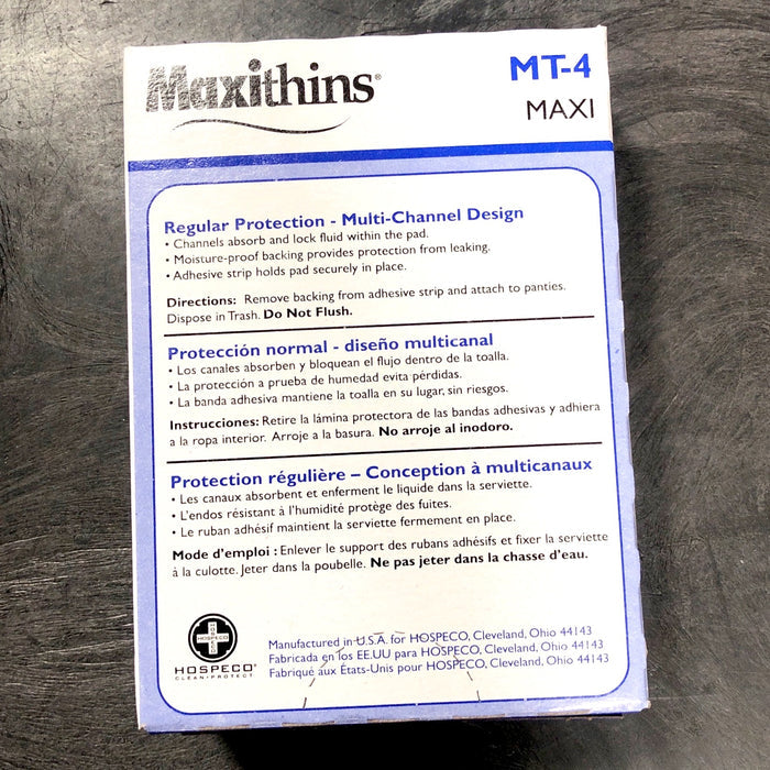 MT-4 Maxithins Vended Sanitary Napkins #4,  250 Individually Boxed