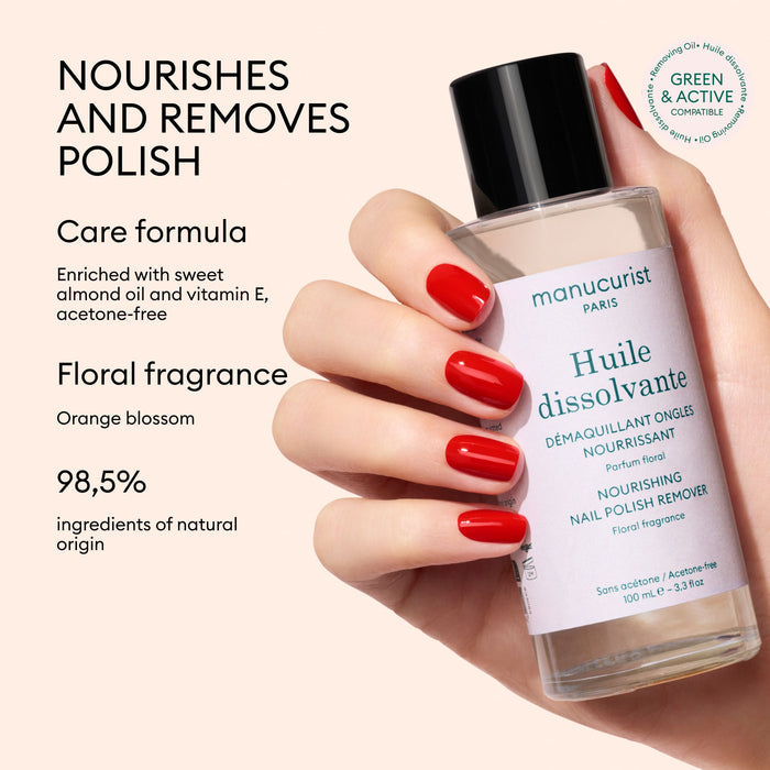A hand with red nail polish holds a bottle of Manucurist Nail Polish Removing Oil, with text highlighting its nourishing, plant-based, and acetone-free formula. The background is beige.