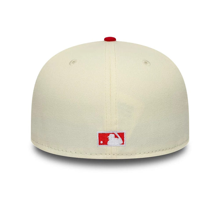 Pictured is this MLB Chrome Scarlet New York Yankees 59FIFTY Fitted cap in cream. 4