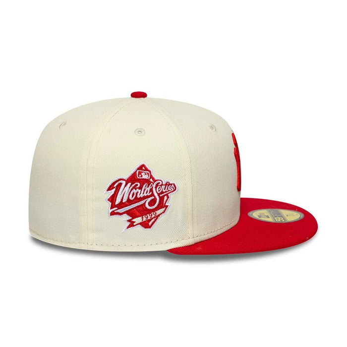 Pictured is this MLB Chrome Scarlet New York Yankees 59FIFTY Fitted cap in cream. 5