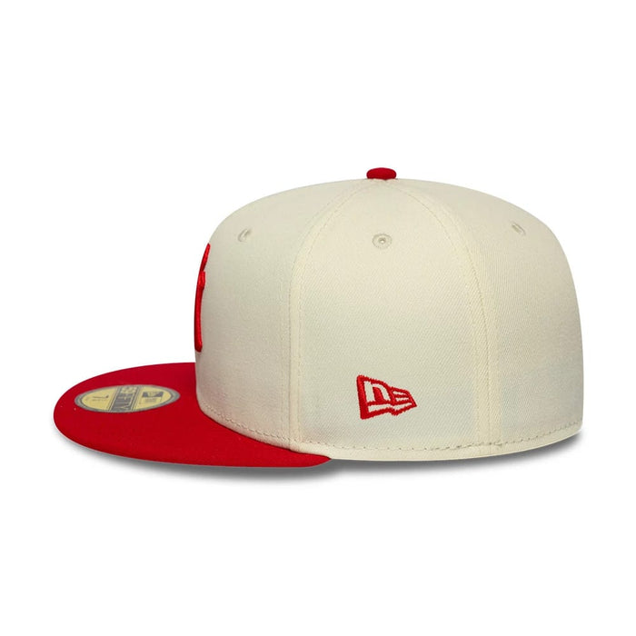 Pictured is this MLB Chrome Scarlet New York Yankees 59FIFTY Fitted cap in cream. 6