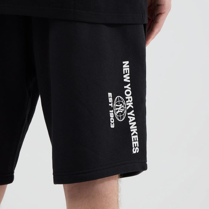 The model is wearing these MLB Logo Graphic New York Yankees Oversized Shorts in black. 6