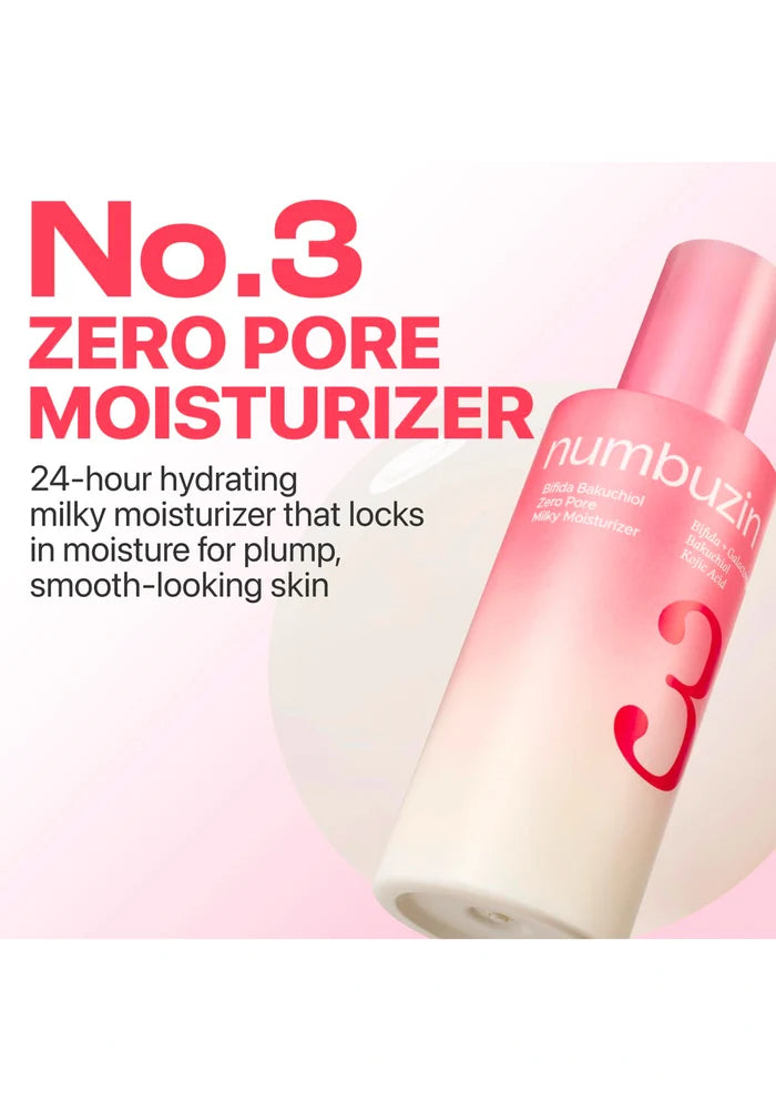 Zero Pore Moisturizer bottle with pink cap and white body on a light pink background