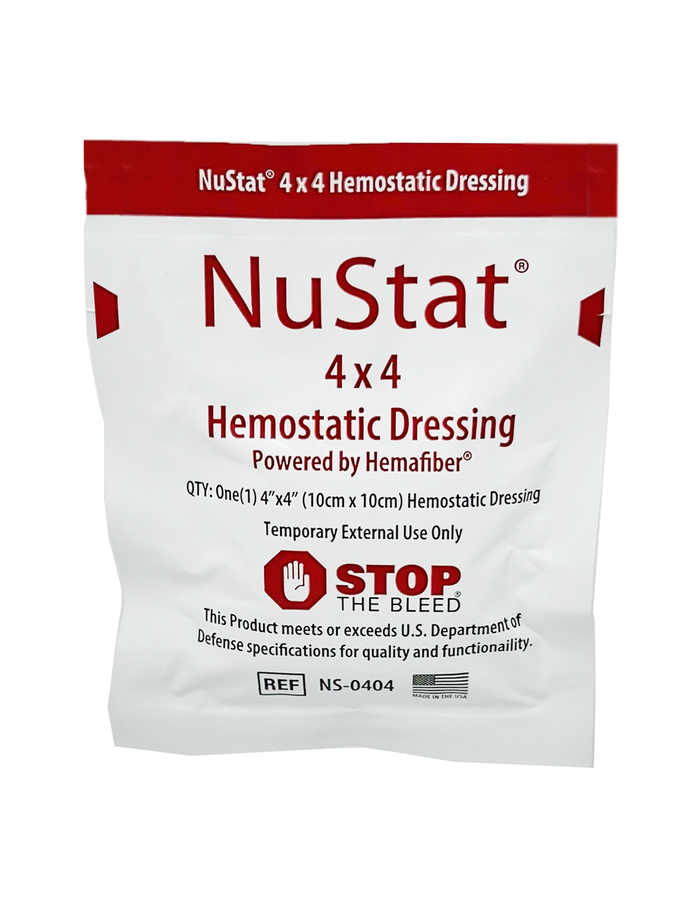 NuStat 4x4 Hemostatic Dressing packaged, Front