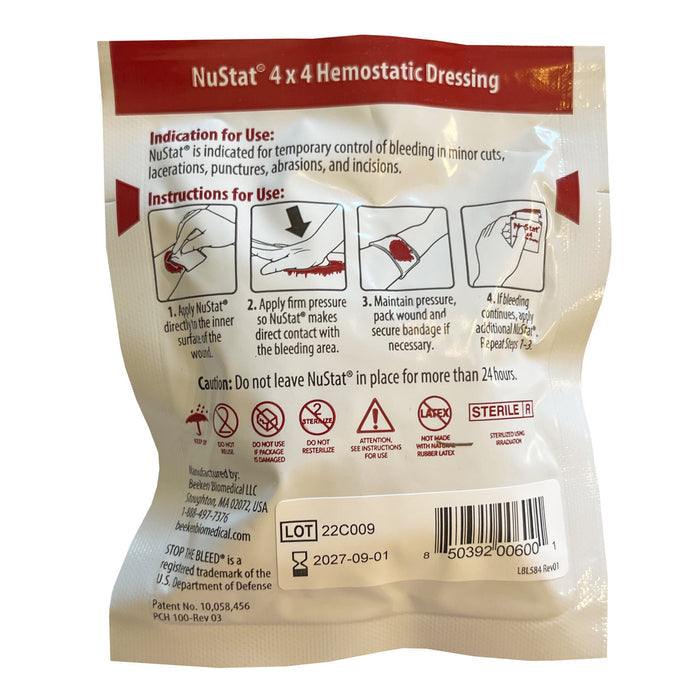 NuStat 4x4 Hemostatic Dressing packaged, Back