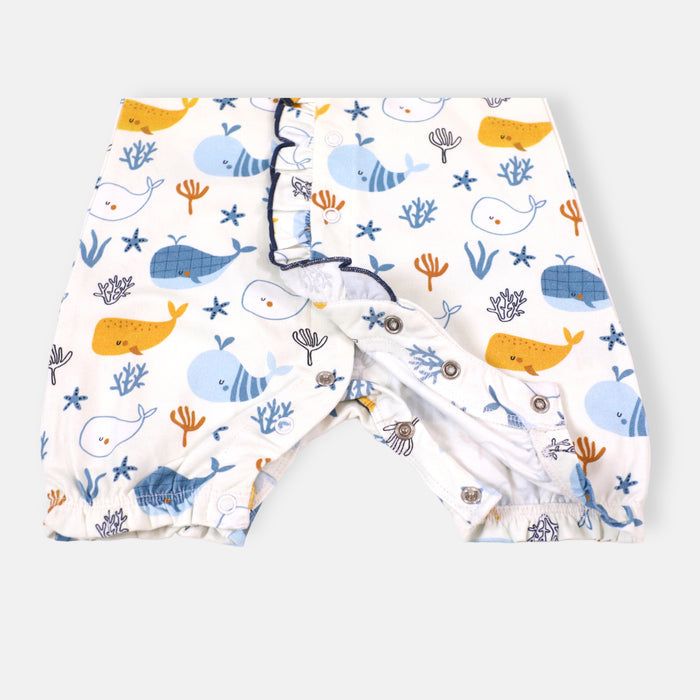 Ocean Whales Ruffle & Button Baby Romper (Organic Jersey)