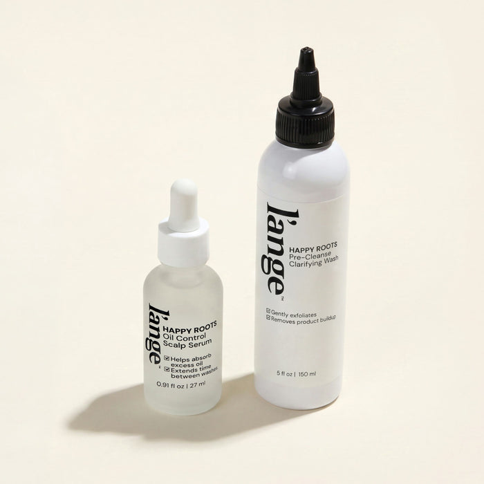 Happy Roots Oil Control Scalp Serum and Happy Roots Pre-Cleanse Clarifying Wash bundle, on beige background