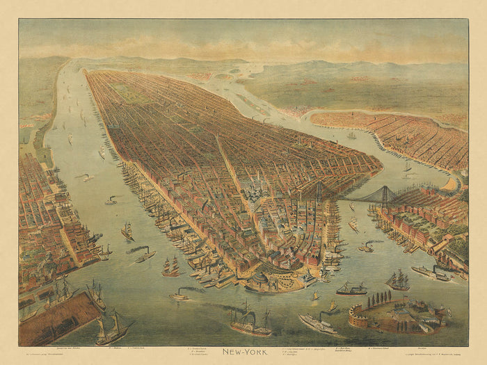 Old Birdseye Map of New York by Wachsmuth, 1898: Broadway, Central Park, Brooklyn Bridge, Governor's Island