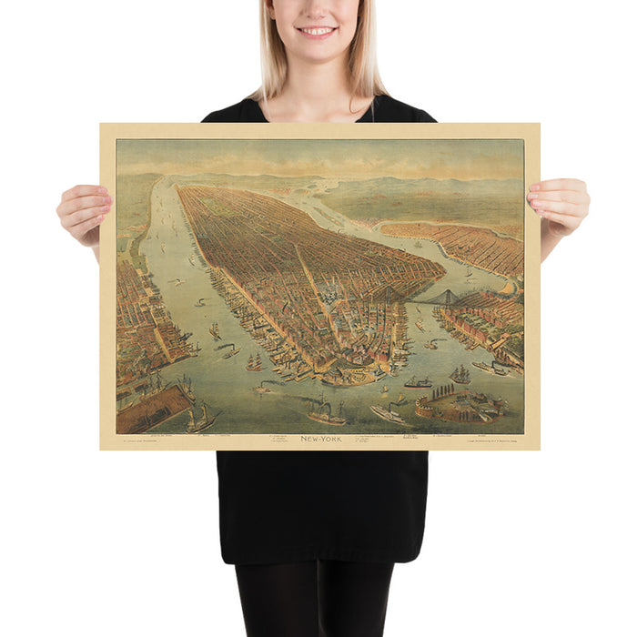 Old Birdseye Map of New York by Wachsmuth, 1898: Broadway, Central Park, Brooklyn Bridge, Governor's Island