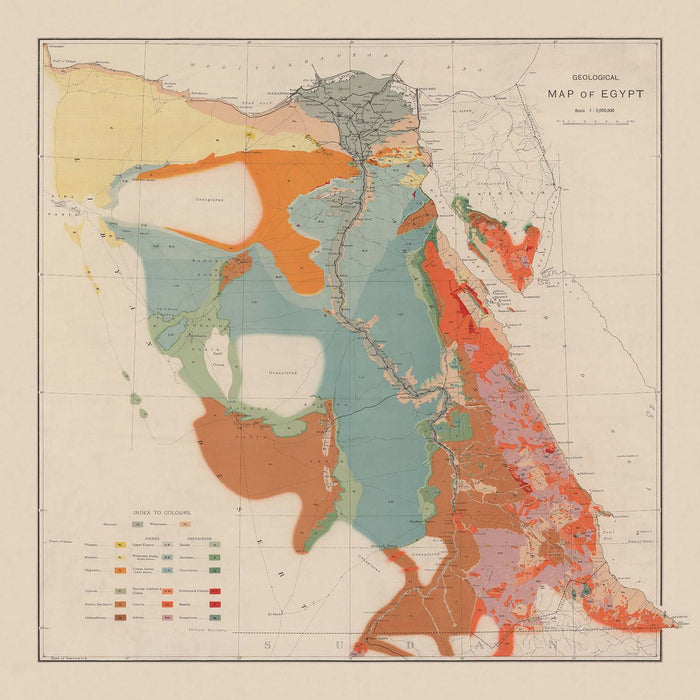 Old Geological Map of Egypt, 1910: Nile, Red Sea, Cairo, Alexandria, Suez