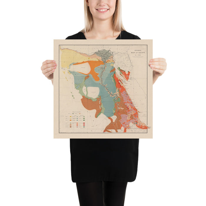 Old Geological Map of Egypt, 1910: Nile, Red Sea, Cairo, Alexandria, Suez