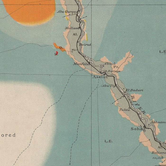 Old Geological Map of Egypt, 1910: Nile, Red Sea, Cairo, Alexandria, Suez