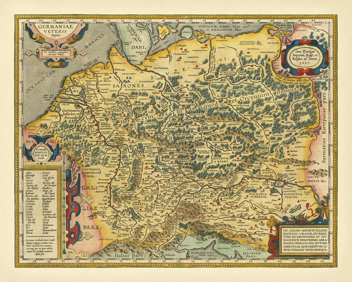 Old Map of Ancient Germany & Poland by Ortelius, 1624: Rhine, Danube, North Sea, Forests