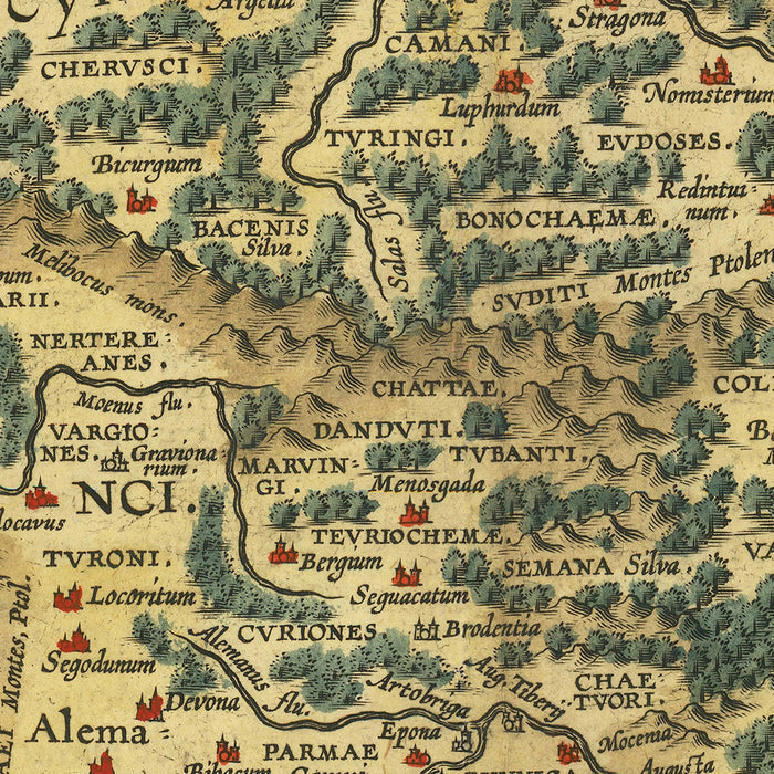 Old Map of Ancient Germany & Poland by Ortelius, 1624: Rhine, Danube, North Sea, Forests