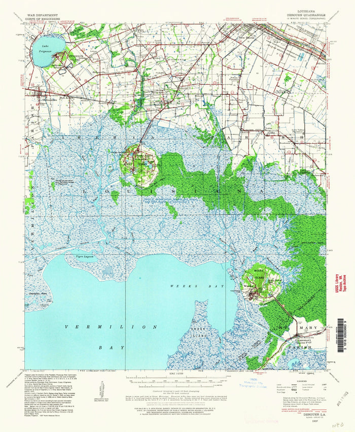Old Map of Avery Island, Louisiana by USGS, 1937 – Weeks Island, Vermilion Bay & Lake Peigneur