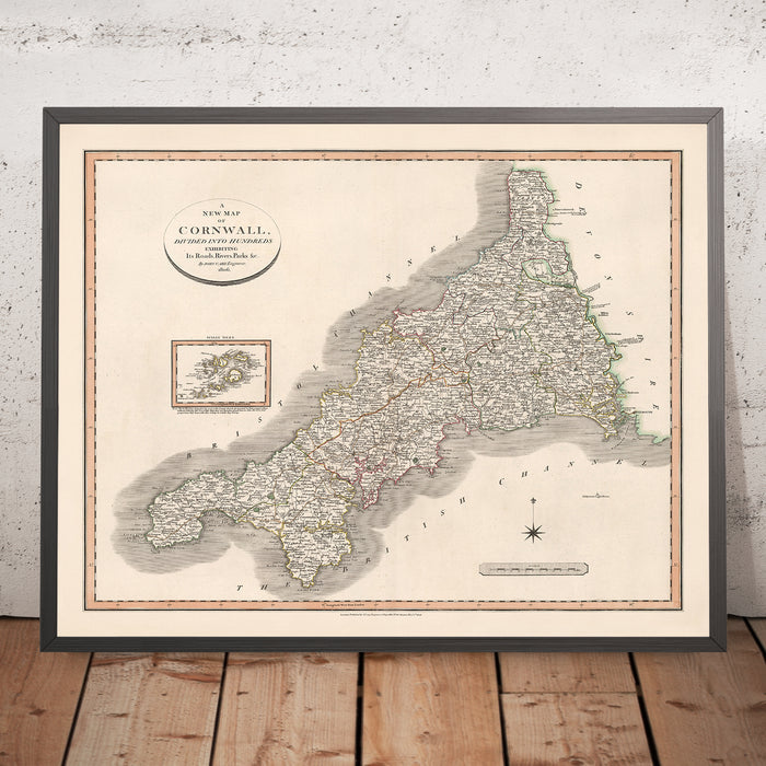 Old Map of Cornwall by Cary, 1806: Divided into Hundreds, Truro, Falmouth, Penzance