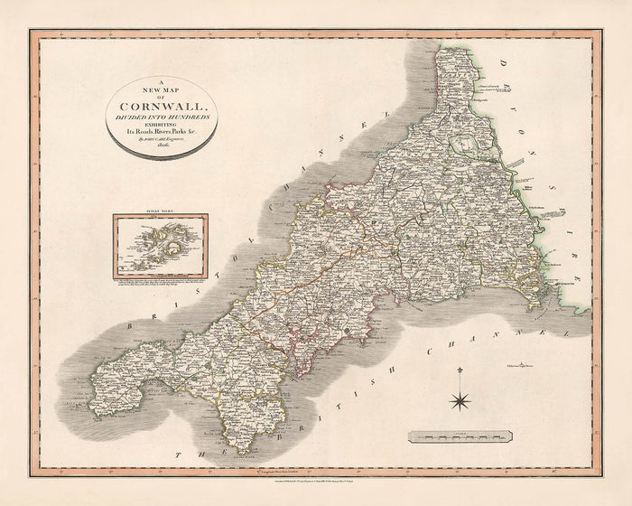 Old Map of Cornwall by Cary, 1806: Divided into Hundreds, Truro, Falmouth, Penzance