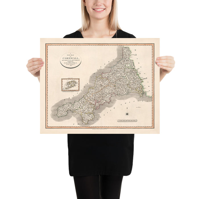 Old Map of Cornwall by Cary, 1806: Divided into Hundreds, Truro, Falmouth, Penzance
