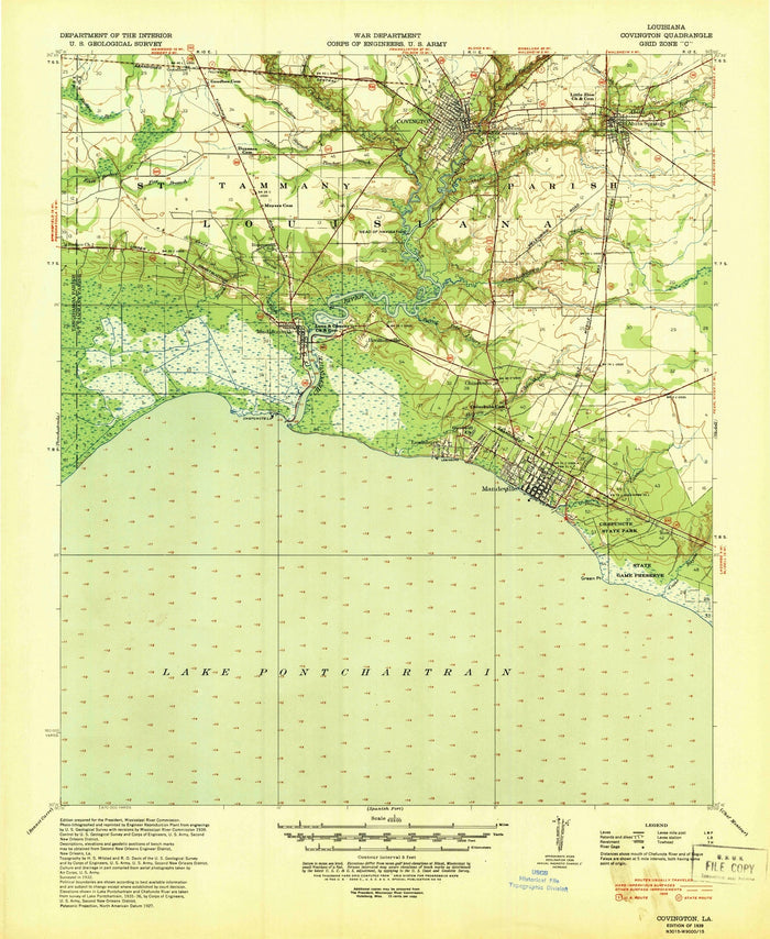 Old Map of Covington, Louisiana by USGS, 1939 – Abita Springs, Mandeville & Lake Pontchartrain