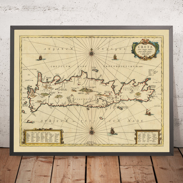 Old Map of Crete by Jansson, 1650: Cydonia, Knossos, Sea Monster, Maritime Vessels,