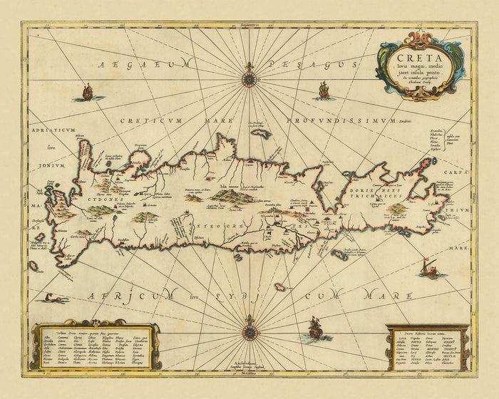 Old Map of Crete by Jansson, 1650: Cydonia, Knossos, Sea Monster, Maritime Vessels,