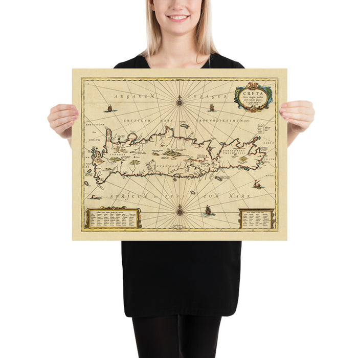 Old Map of Crete by Jansson, 1650: Cydonia, Knossos, Sea Monster, Maritime Vessels,