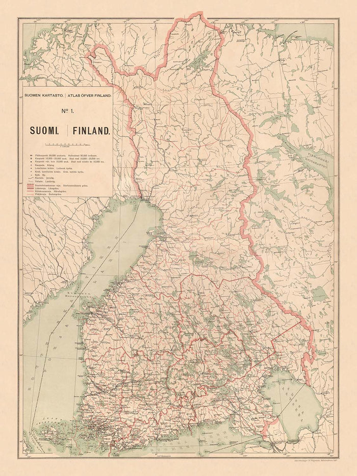 Old Map of Finland, 1897: Helsinki, Tampere, Gulf of Bothnia, Railways, Borders